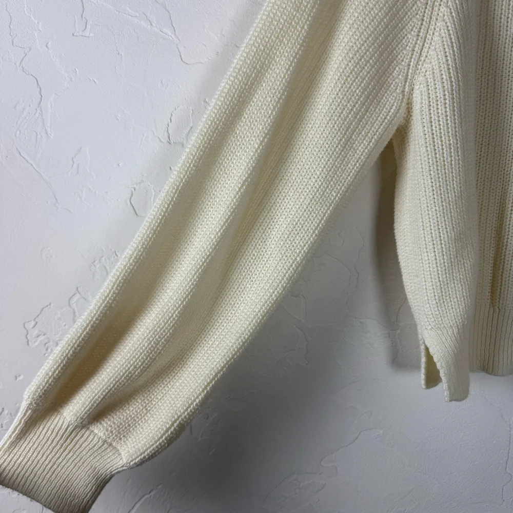 No Comment Sweater Pullover Sweatshirt Knit Top Ivory White Solid Henley Buttons - Picture 3 of 8